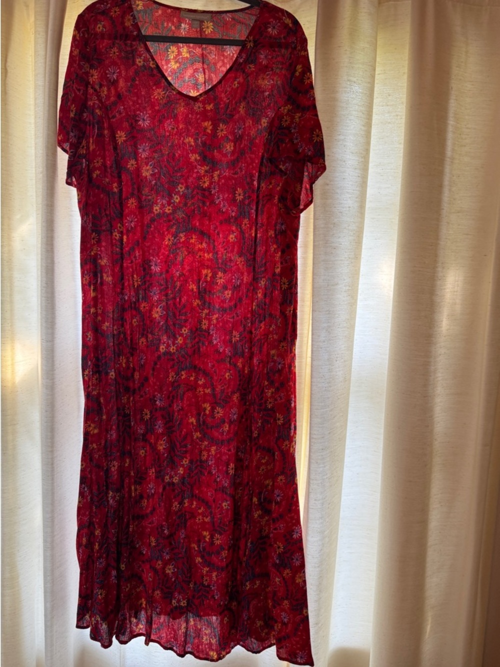 Woman Within Red Floral crinkle Maxi Dress with V-Neck